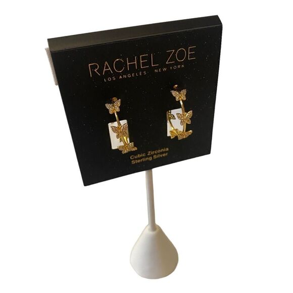 Rachel Zoe Sterling Silver & Cubic Zirconia Gold Toned Butterfly C Hoops. - Picture 2 of 5
